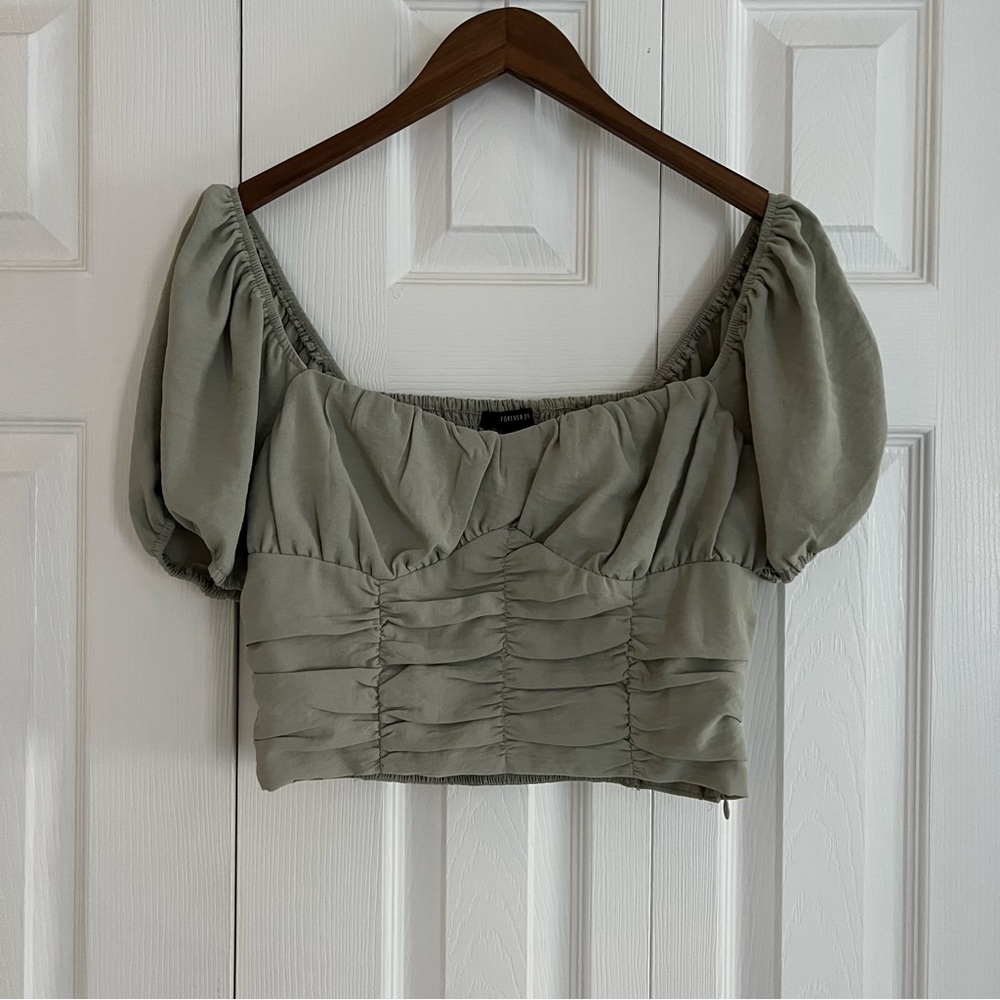 Elegant Puff Sleeve Crop Top - Olive
